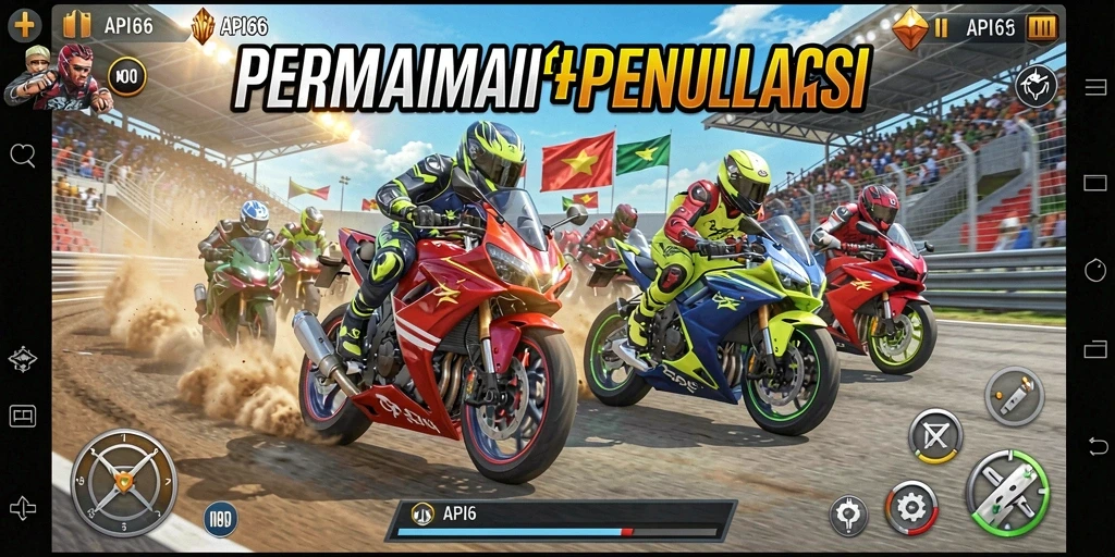 Screenshot utama API66 menampilkan keseruan balap motor di trek.