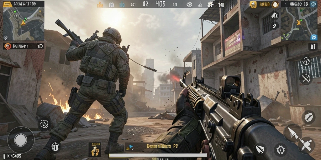 Screenshot KING403 menampilkan aksi baku tembak yang intens dalam pertarungan FPS.