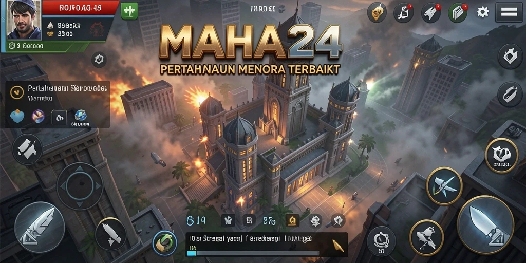 Screenshot gameplay MAHA24 menampilkan pertahanan menara melawan gelombang musuh.