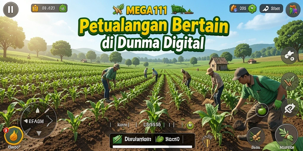 Screenshot utama MEGA111 menampilkan gameplay seru bertani.