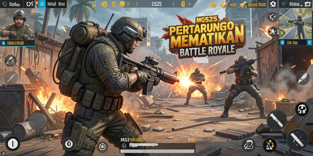 Screenshot MG525 menampilkan aksi pertarungan mendebarkan dalam Battle Royale.