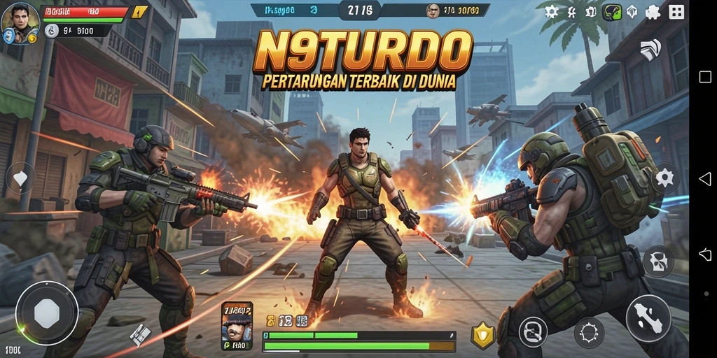 Screenshot gameplay N9TURBO menampilkan pertarungan yang intens dan grafis menawan.