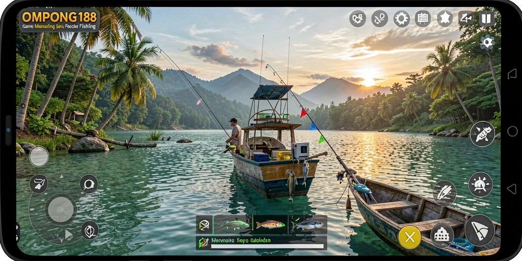 Screenshot gameplay OMPONG188 menampilkan aksi memancing yang seru.