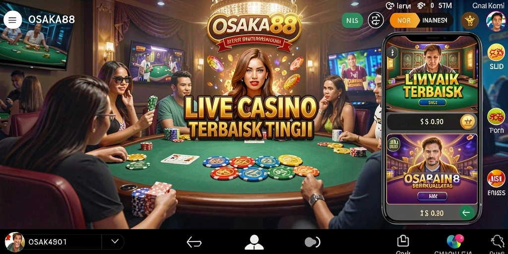 Screenshot OSAKA88 menampilkan dealer langsung dan gameplay yang mendebarkan.