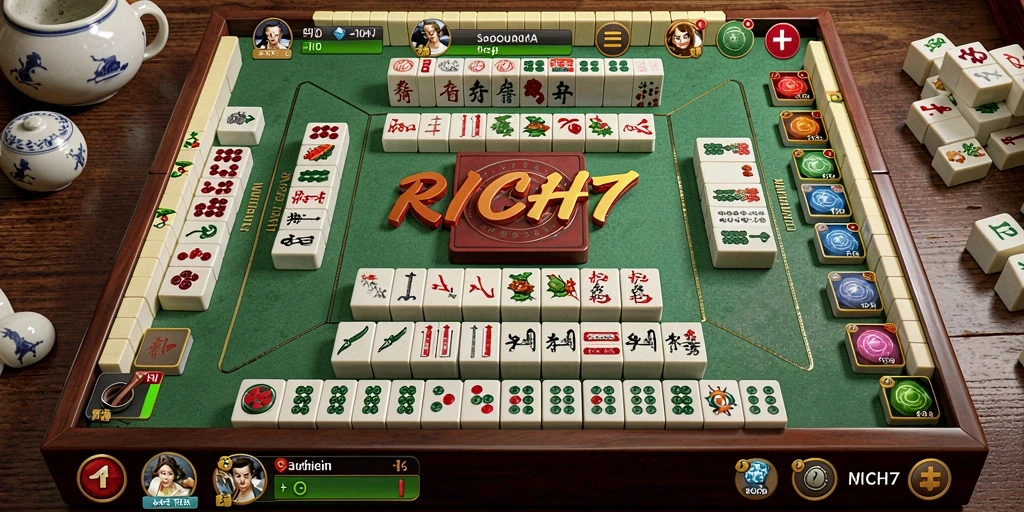 Tampilan gameplay menarik RICH7 dengan ubin Mahjong yang berwarna-warni.