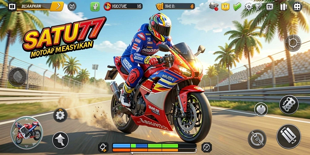 Gameplay seru dalam SATU77 dengan balapan motor yang mendebarkan.
